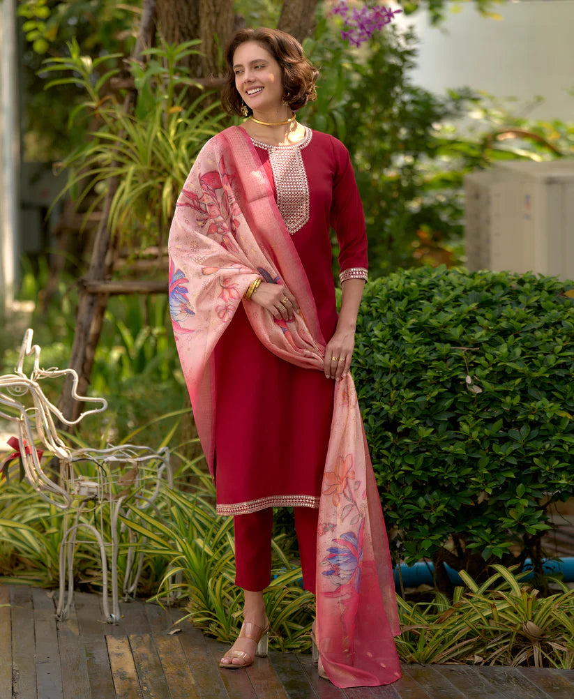 Dixz Fashion Black Viscose Rayon Embroidered Straight Kurta Set with Pant & Printed Dupatta