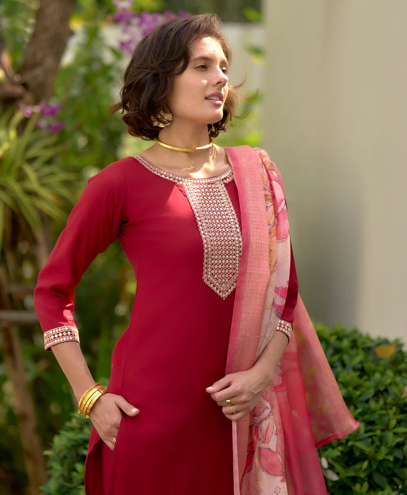 Dixz Fashion Black Viscose Rayon Embroidered Straight Kurta Set with Pant & Printed Dupatta