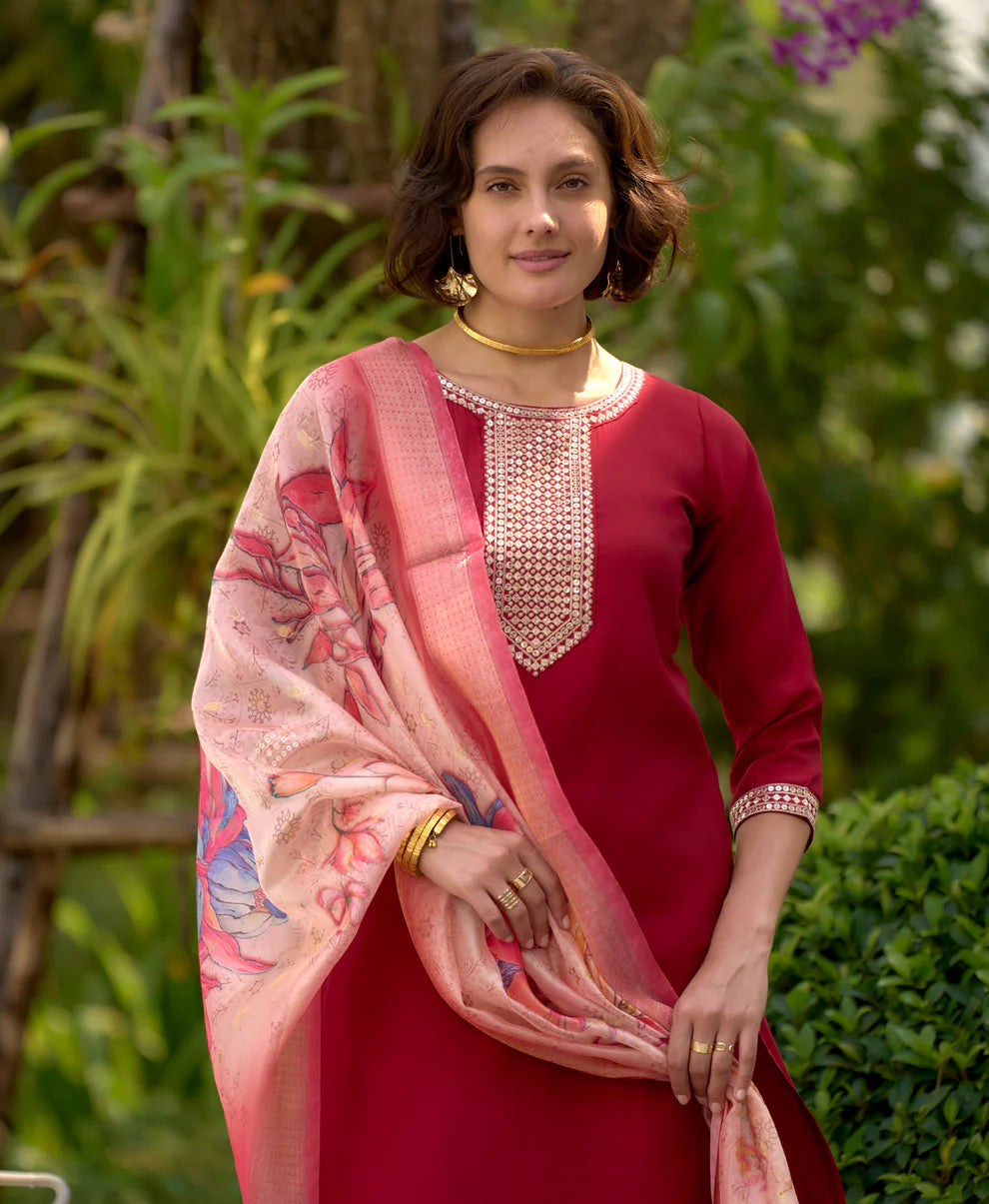 Dixz Fashion Black Viscose Rayon Embroidered Straight Kurta Set with Pant & Printed Dupatta