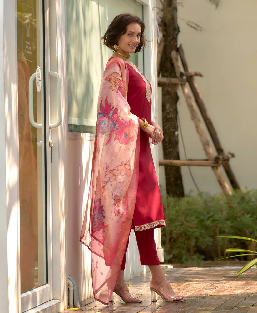 Dixz Fashion Black Viscose Rayon Embroidered Straight Kurta Set with Pant & Printed Dupatta