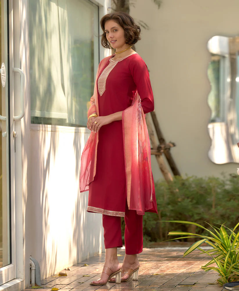 Dixz Fashion Black Viscose Rayon Embroidered Straight Kurta Set with Pant & Printed Dupatta