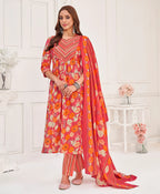 Dixz Fashion Women's Peach Pure Cotton Floral & Foil Print Flared Kurta Set with Printed DupattaDi