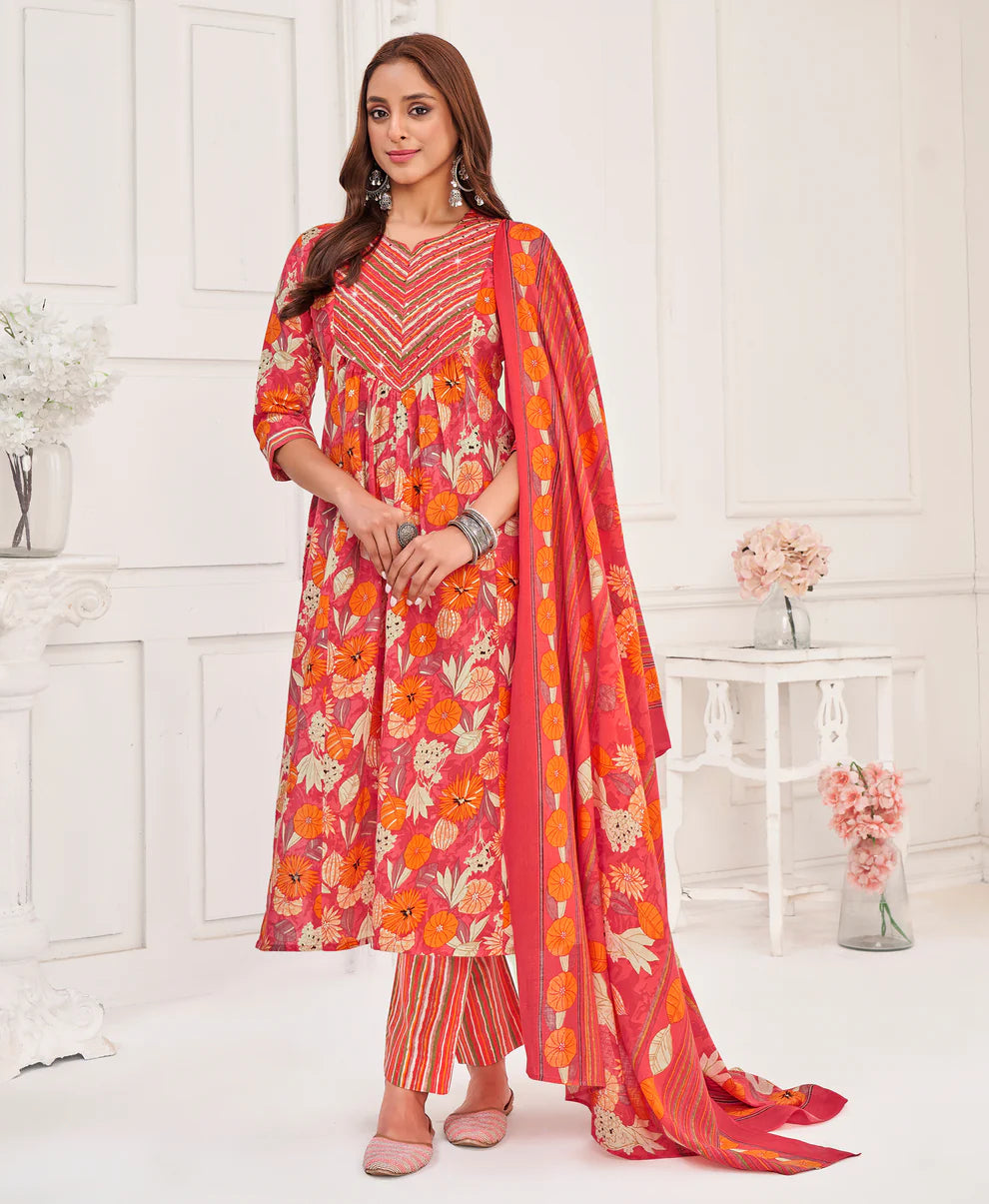 Dixz Fashion Women's Peach Pure Cotton Floral & Foil Print Flared Kurta Set with Printed DupattaDi