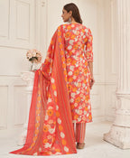 Dixz Fashion Women's Peach Pure Cotton Floral & Foil Print Flared Kurta Set with Printed DupattaDi