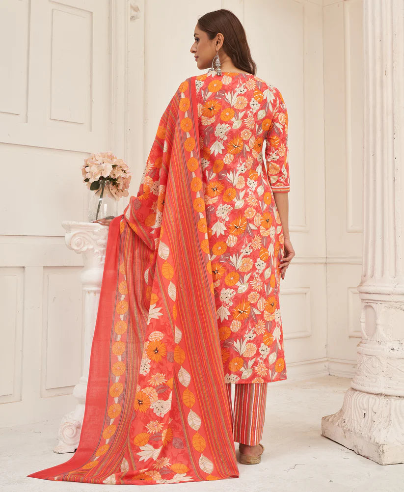 Dixz Fashion Women's Peach Pure Cotton Floral & Foil Print Flared Kurta Set with Printed DupattaDi