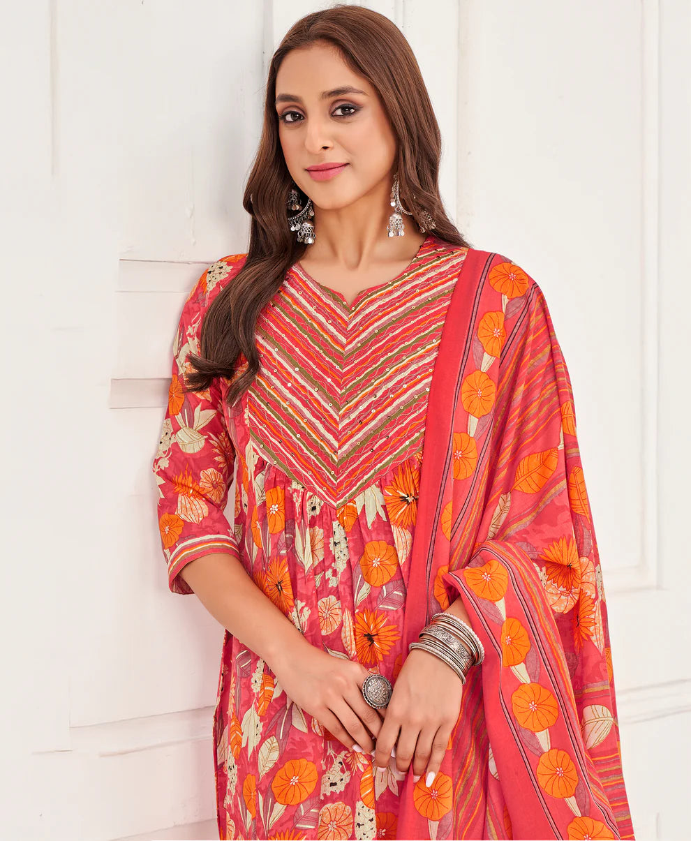 Dixz Fashion Women's Peach Pure Cotton Floral & Foil Print Flared Kurta Set with Printed DupattaDi