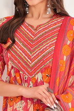 Dixz Fashion Women's Peach Pure Cotton Floral & Foil Print Flared Kurta Set with Printed DupattaDi