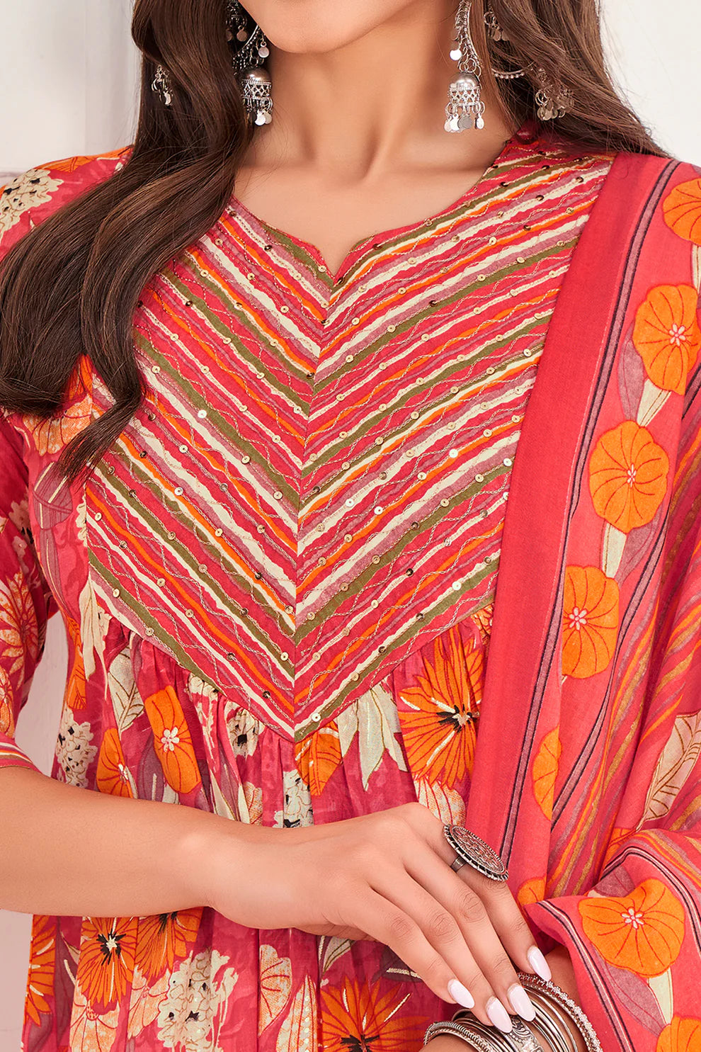Dixz Fashion Women's Peach Pure Cotton Floral & Foil Print Flared Kurta Set with Printed DupattaDi
