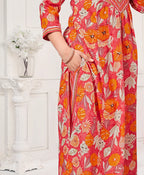 Dixz Fashion Women's Peach Pure Cotton Floral & Foil Print Flared Kurta Set with Printed DupattaDi