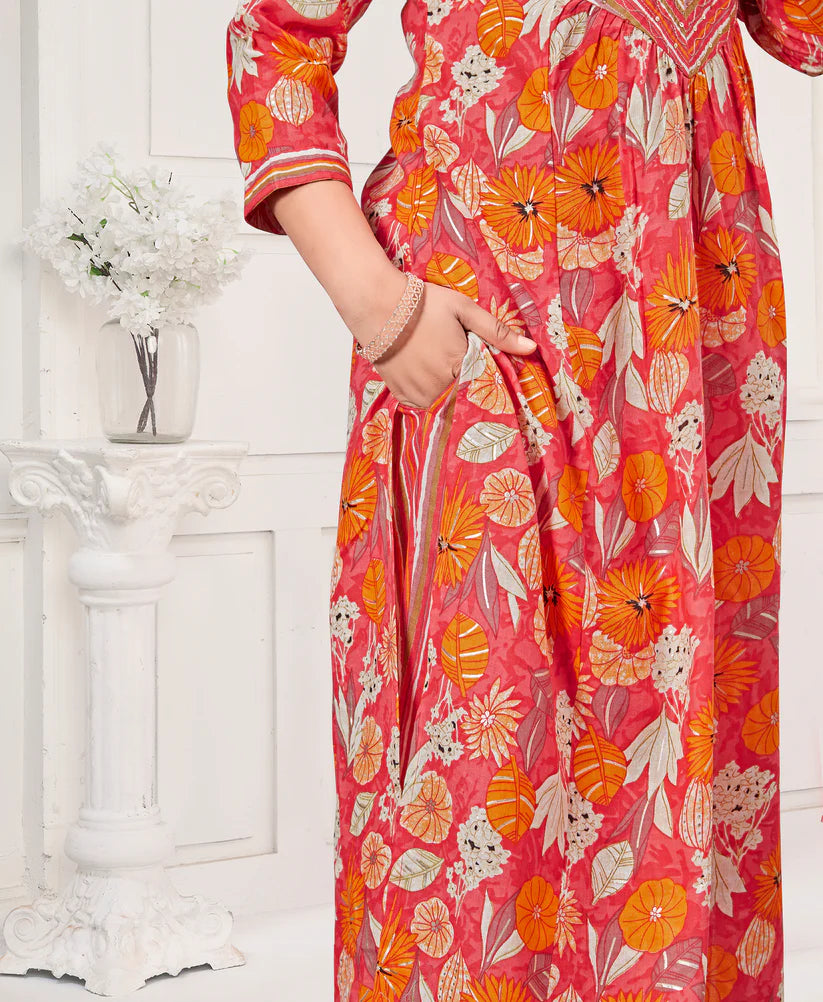 Dixz Fashion Women's Peach Pure Cotton Floral & Foil Print Flared Kurta Set with Printed DupattaDi