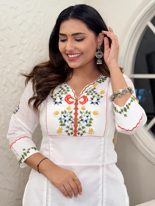 100% Cotton Embroidered & Khatli Hand Work Kurta Set