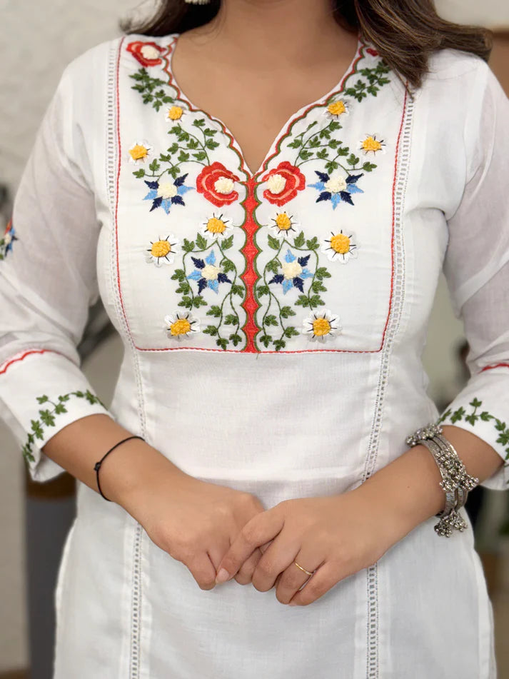 100% Cotton Embroidered & Khatli Hand Work Kurta Set