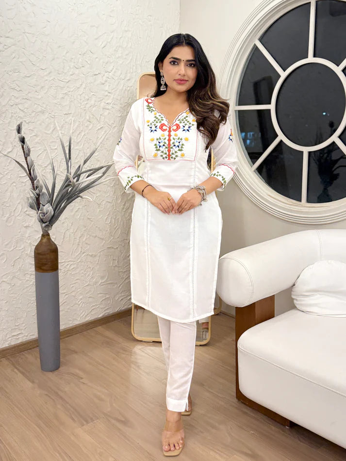 100% Cotton Embroidered & Khatli Hand Work Kurta Set