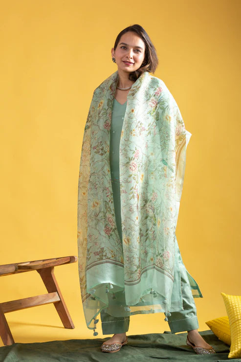 Roman Silk Embroidered Kurti Set with Printed Organza Dupatta