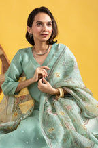 Roman Silk Embroidered Kurti Set with Printed Organza Dupatta