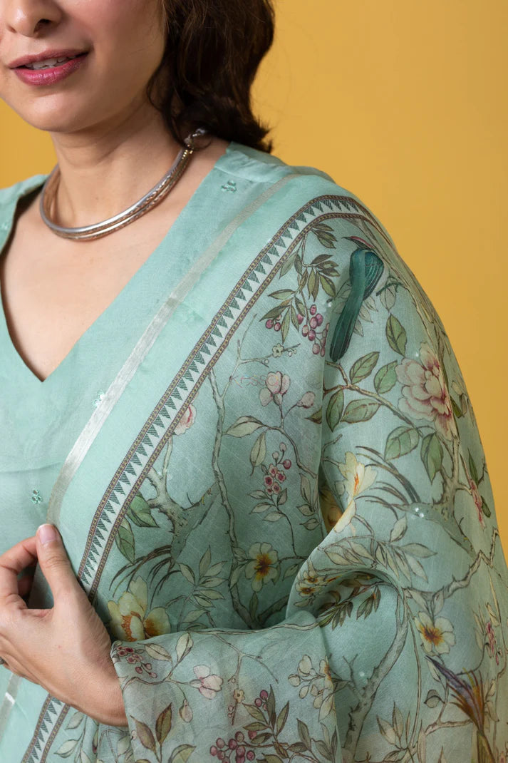 Roman Silk Embroidered Kurti Set with Printed Organza Dupatta