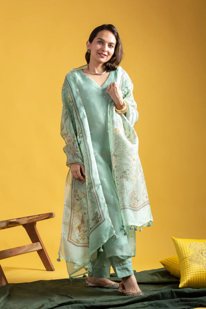 Roman Silk Embroidered Kurti Set with Printed Organza Dupatta