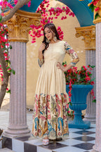 Dixz Fashion Elegant Silk Blend Printed Gown with Scallop Embroidery