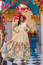 Dixz Fashion Elegant Silk Blend Printed Gown with Scallop Embroidery
