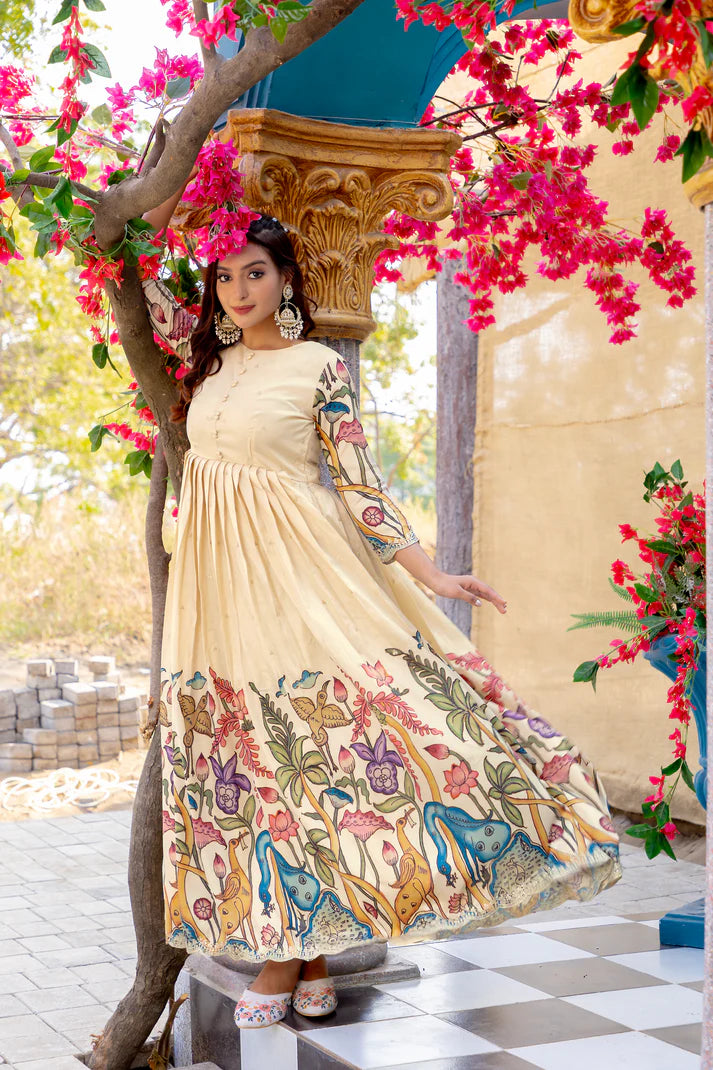 Dixz Fashion Elegant Silk Blend Printed Gown with Scallop Embroidery