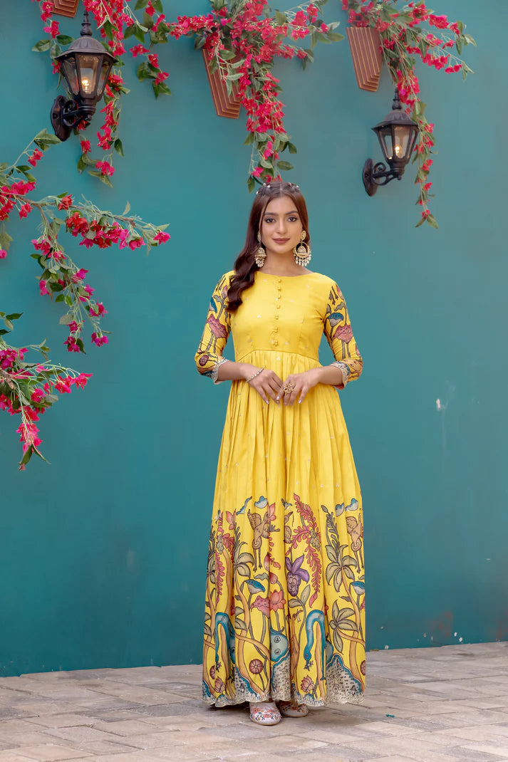 Dixz Fashion Elegant Silk Blend Printed Gown with Scallop Embroidery