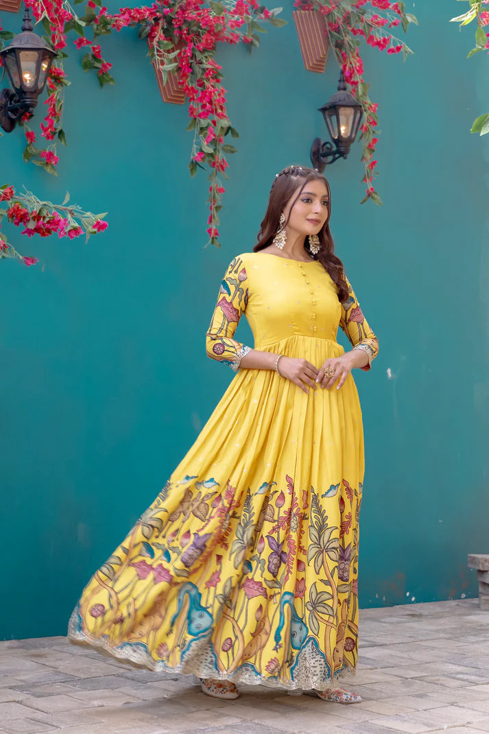Dixz Fashion Elegant Silk Blend Printed Gown with Scallop Embroidery