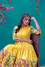 Dixz Fashion Elegant Silk Blend Printed Gown with Scallop Embroidery