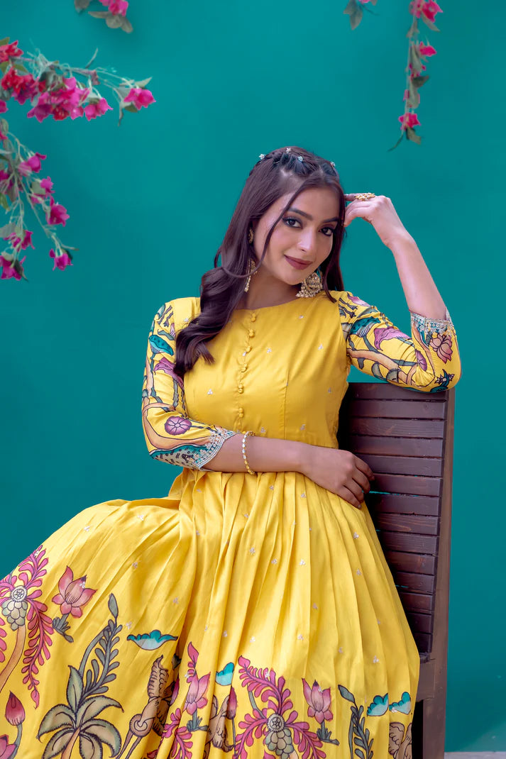 Dixz Fashion Elegant Silk Blend Printed Gown with Scallop Embroidery