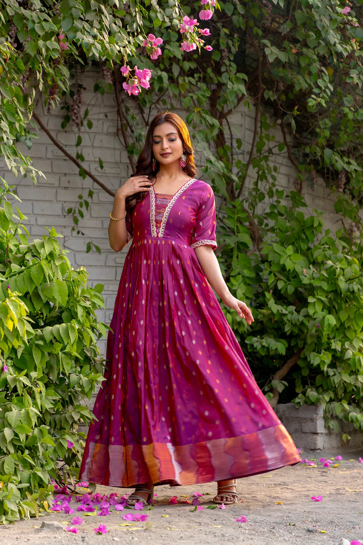 Dixz Fashion Silk Blend Flared Gown with Zari Butti and Embroidered Lace