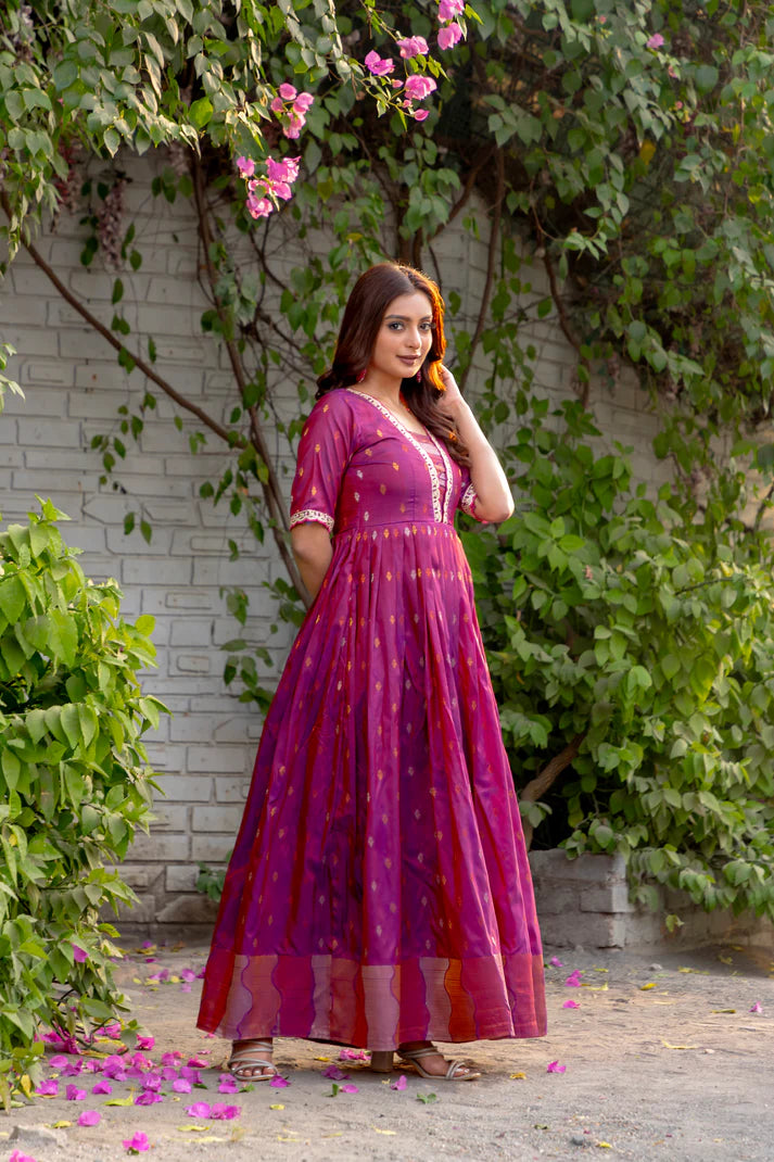 Dixz Fashion Silk Blend Flared Gown with Zari Butti and Embroidered Lace