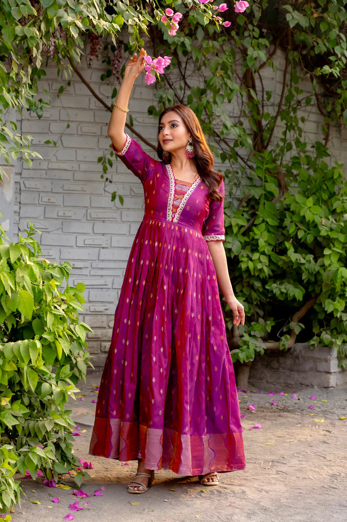 Dixz Fashion Silk Blend Flared Gown with Zari Butti and Embroidered Lace