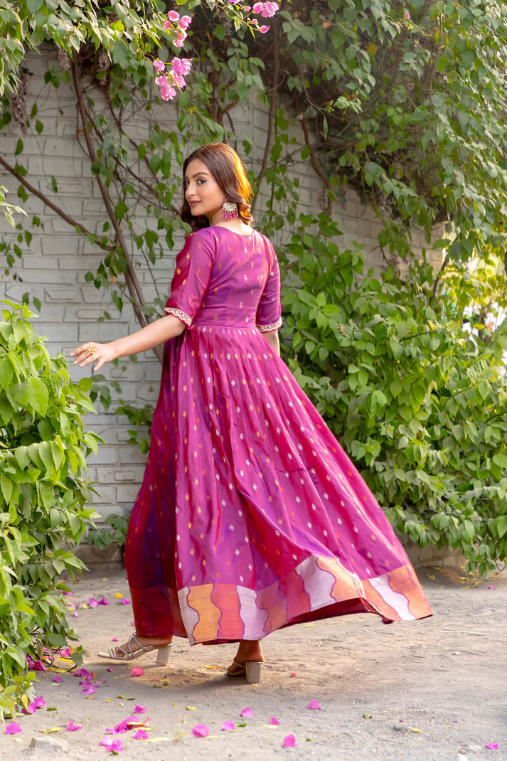 Dixz Fashion Silk Blend Flared Gown with Zari Butti and Embroidered Lace