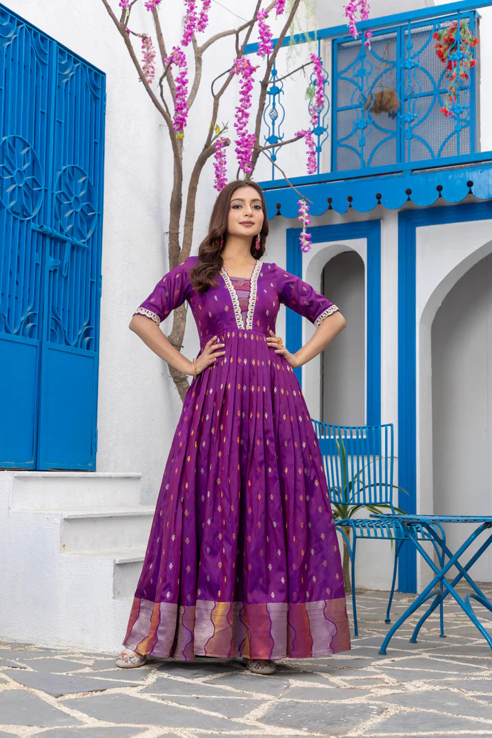 Dixz Fashion Silk Blend Flared Gown with Zari Butti and Embroidered Lace