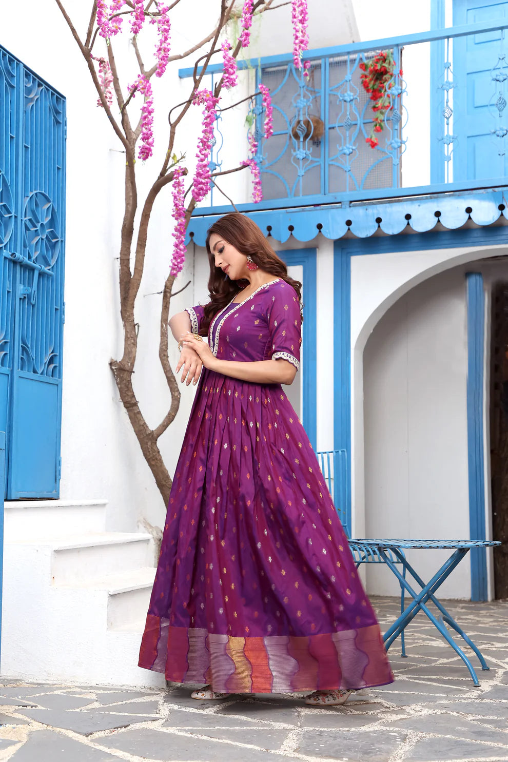 Dixz Fashion Silk Blend Flared Gown with Zari Butti and Embroidered Lace