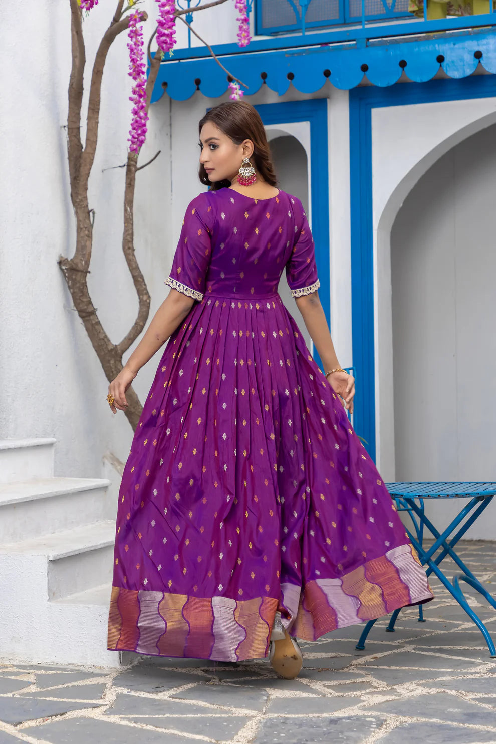 Dixz Fashion Silk Blend Flared Gown with Zari Butti and Embroidered Lace