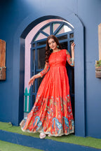 Dixz Fashion Elegant Silk Blend Printed Gown with Scallop Embroidery