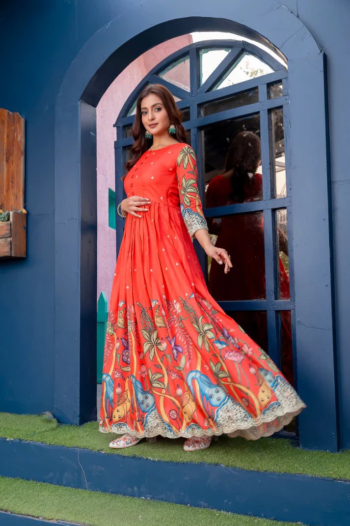 Dixz Fashion Elegant Silk Blend Printed Gown with Scallop Embroidery