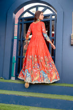 Dixz Fashion Elegant Silk Blend Printed Gown with Scallop Embroidery