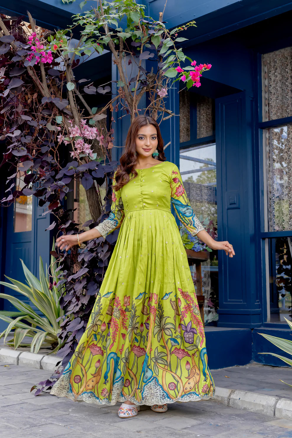 Dixz Fashion Elegant Silk Blend Printed Gown with Scallop Embroidery