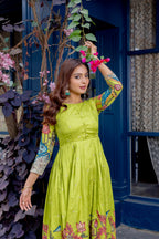 Dixz Fashion Elegant Silk Blend Printed Gown with Scallop Embroidery