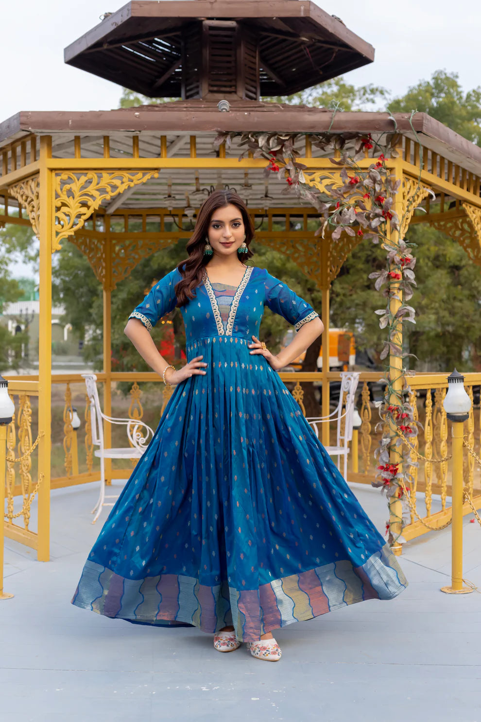 Dixz Fashion Silk Blend Flared Gown with Zari Butti and Embroidered Lace