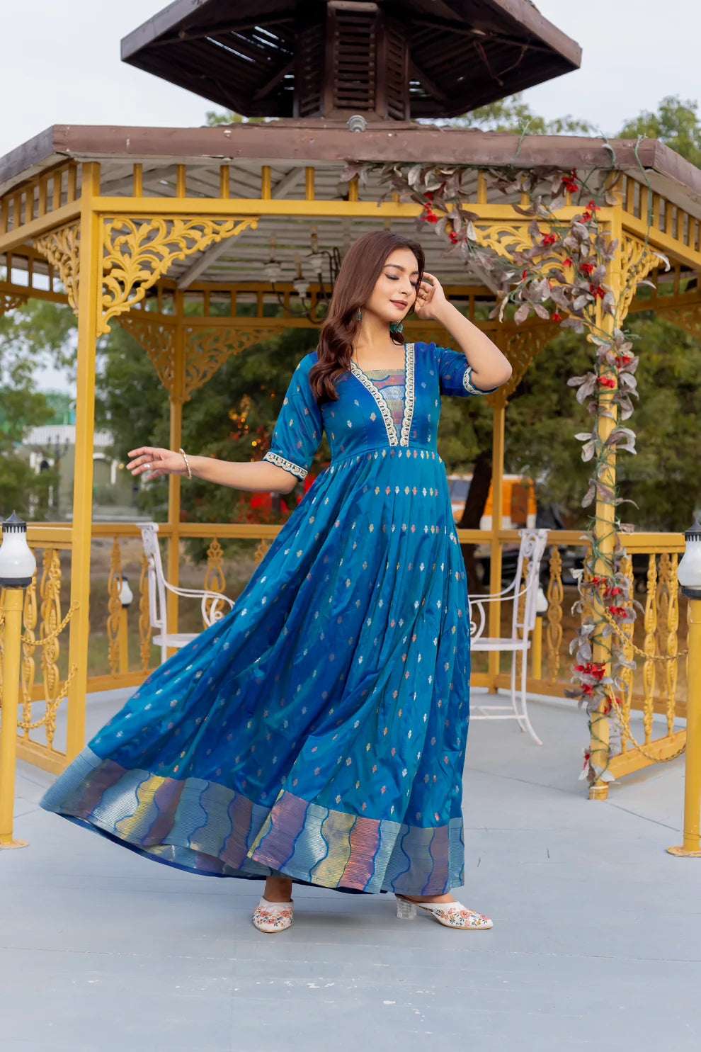 Dixz Fashion Silk Blend Flared Gown with Zari Butti and Embroidered Lace