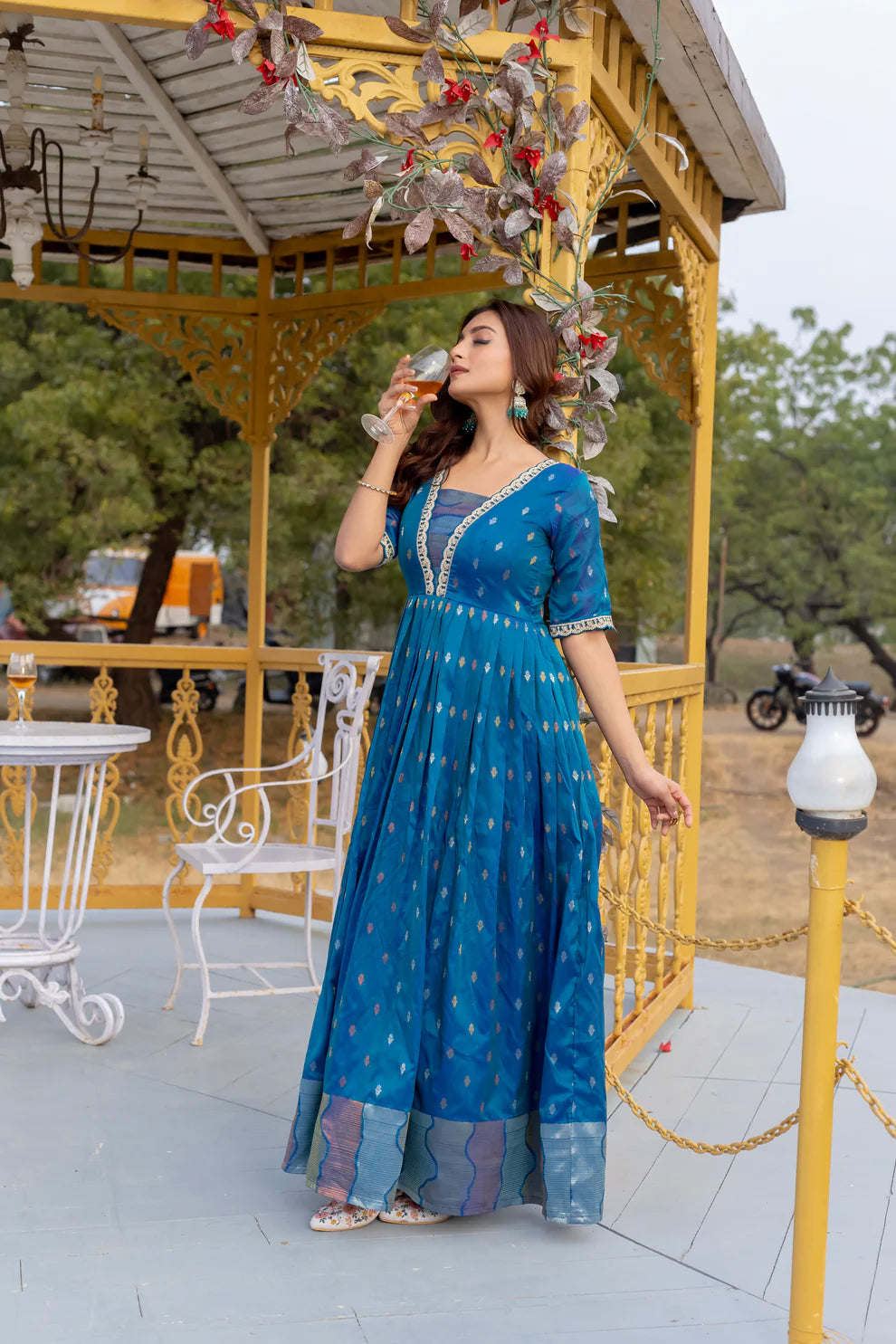 Dixz Fashion Silk Blend Flared Gown with Zari Butti and Embroidered Lace