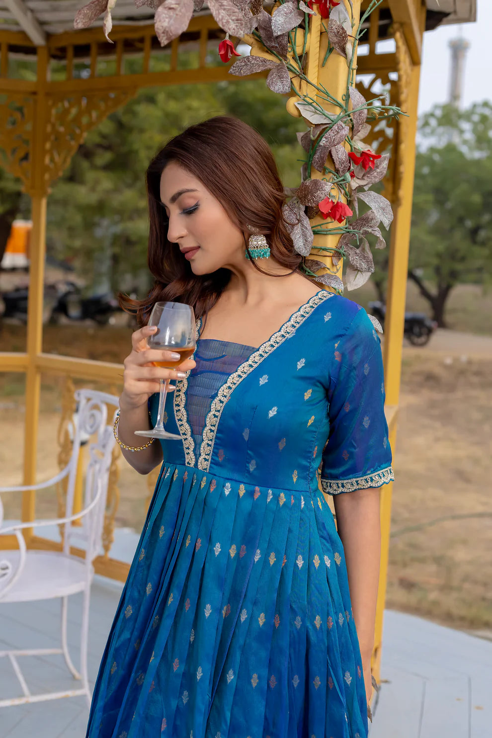 Dixz Fashion Silk Blend Flared Gown with Zari Butti and Embroidered Lace