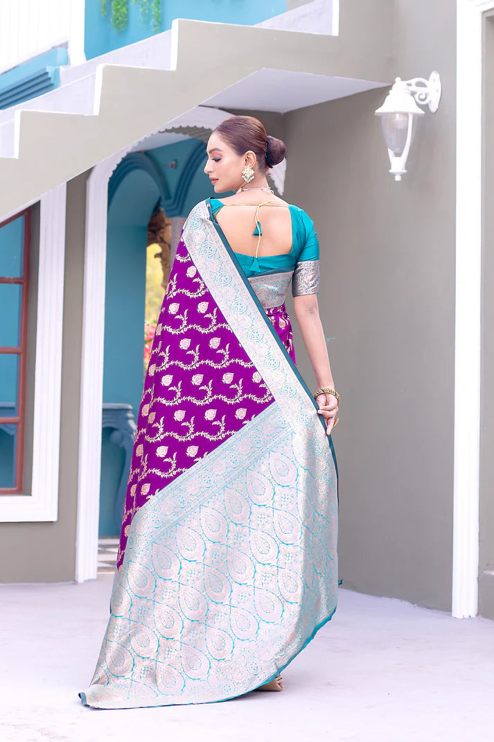 Dixz Fashion Premium Banarasi Semi Satin Silk Saree with Contrast Blouse