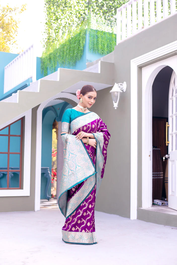 Dixz Fashion Premium Banarasi Semi Satin Silk Saree with Contrast Blouse