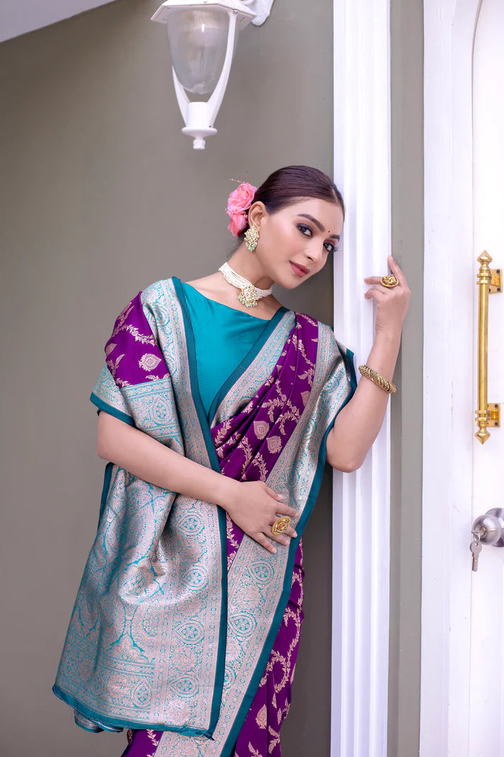 Dixz Fashion Premium Banarasi Semi Satin Silk Saree with Contrast Blouse