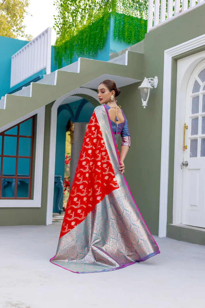 Dixz Fashion Premium Banarasi Semi Satin Silk Saree with Contrast Blouse