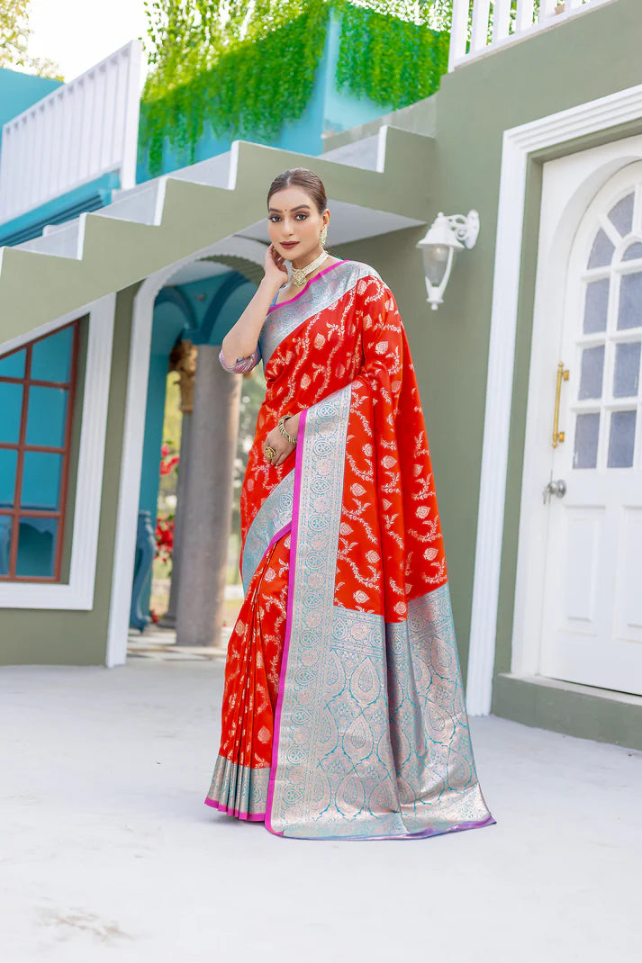 Dixz Fashion Premium Banarasi Semi Satin Silk Saree with Contrast Blouse
