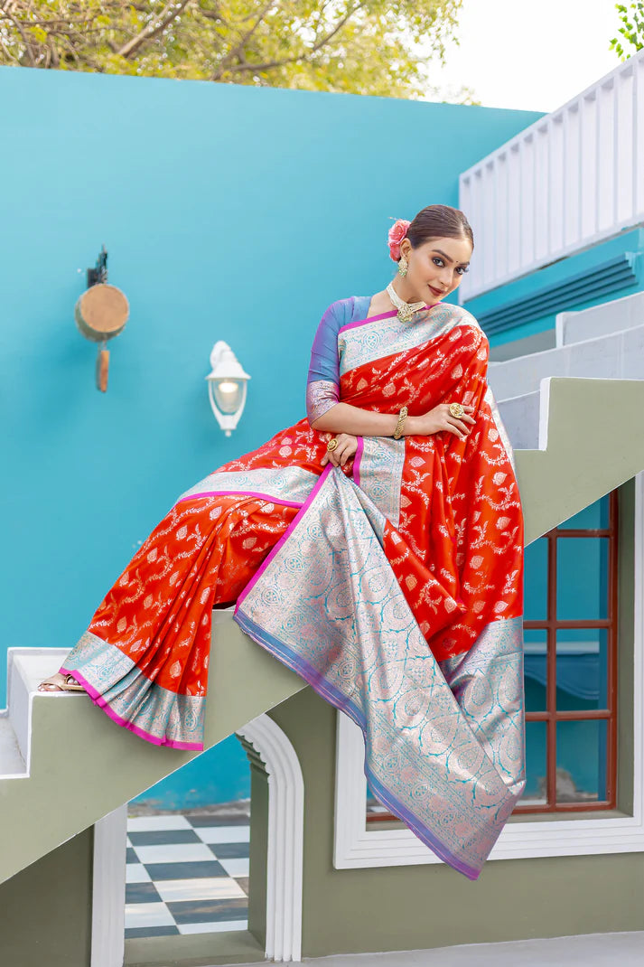 Dixz Fashion Premium Banarasi Semi Satin Silk Saree with Contrast Blouse